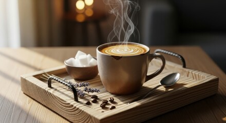 Steaming hot coffee served in a cozy mug on a wooden tray with sugar cubes