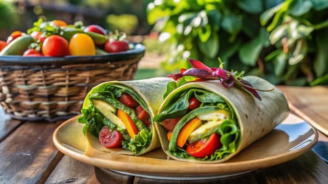 Fresh vegetable wraps with tomatoes on outdoor table