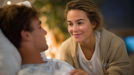 A young woman turning down a dream travel opportunity to care for her injured parent, adjusting pillows with gentle hands &mdash; family sacrifice, emotional responsibility, and compassionate commitment.