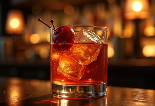 Classic Manhattan Cocktail Cherry Bourbon Mix Classic Amber Hue Garnished Majesty