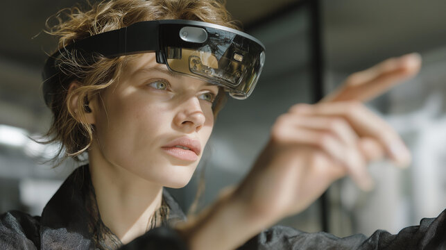 Researcher using brain interface headset to control robotic arm, emotion of fascination visible, representing neurotechnology, AI interaction, and human-machine symbiosis. cinematic color