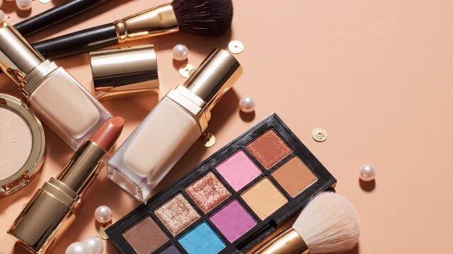 Vibrant makeup products arranged elegantly on a soft peach background, showcasing beauty essentials for a glamorous look