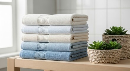 Soft cotton bath towels stacked neatly on a wooden shelf with decorative plants