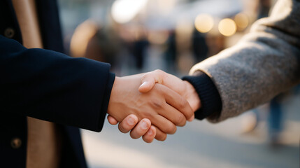 Two supporters of opposing teams meeting outside the stadium, shaking hands after an intense match — emotional moment of respect and reconciliation. cinematic color correction, natural uneven