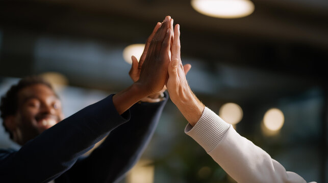 Close-up of hands mid-high-five with bright smiles and dynamic movement — representing shared achievement, teamwork, vitality, and inspiring fitness content for older adults. cinematic color