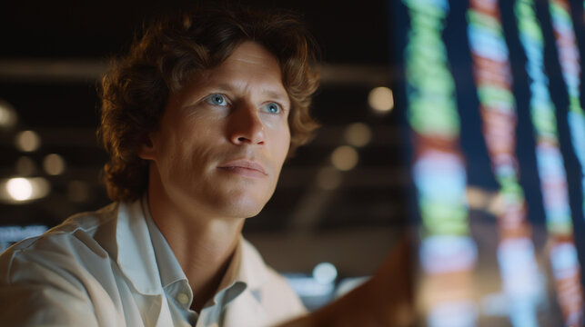 A biologist examining DNA sequences on a glowing lab screen, nucleotide patterns cascading in neon colors — genetic research, biotechnology innovation, and cutting-edge scientific analysis.