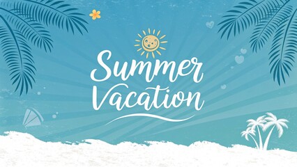 Photo of summer vacation illustration with palm trees, sun, and beach, perfect for posters, banners, and social media posts, creating a fun and inviting atmosphere