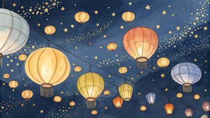 Photo of watercolor illustration of lanterns and stars on a dark blue background, creating a magical and festive atmosphere, perfect for celebrations and events