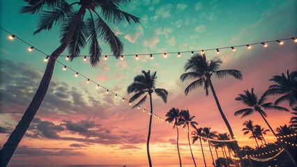 Photo of tropical sunset with palm trees and string lights, creating a magical and serene atmosphere, perfect for travel, vacation, and summer themes