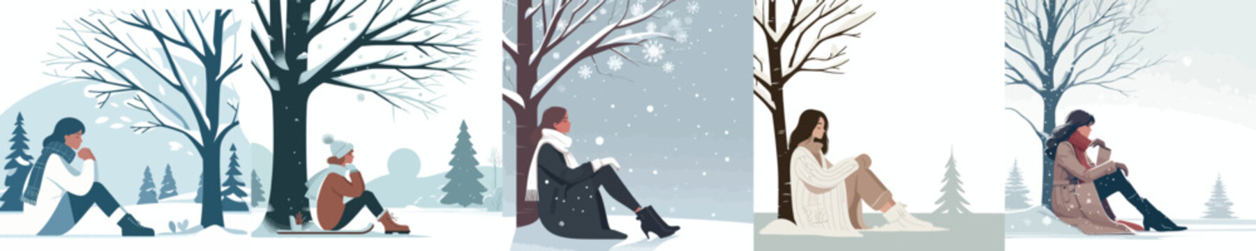 a woman leaning against a tree in winter