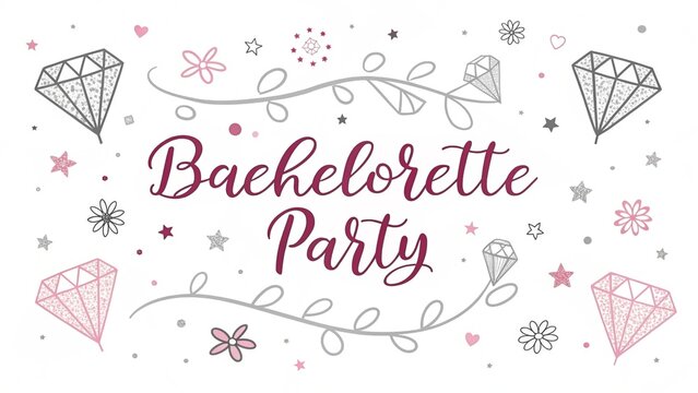 Photo of bachelorette party lettering with diamond, flower, star, and swirl decorations isolated on white background for invitation, banner, or greeting card