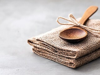 A wooden spoon is tied with twine and placed on top of a stack of burlap fabric, set against a textured gray background.
