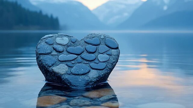A heart-shaped rock sits atop a serene lake, offering a unique formation for  or creative purposes