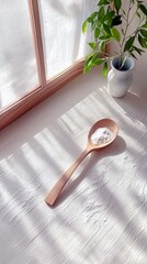 A wooden spoon holds a small amount of white powder, placed on a textured white surface bathed in sunlight filtering through a window.