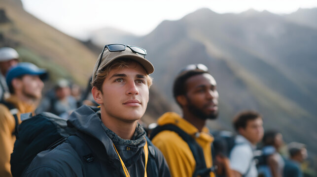 A multicultural group of hikers climbing a mountain trail, sharing stories from their cultures during rest stops — outdoor adventure, global friendship, and travel-based cultural connection. - Powered by Adobe