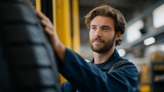 A tire engineer examining a cutaway display of tire layers in a clean laboratory, pointing out steel belts and rubber compounds in a detailed cross-section — tire innovation, material science, and