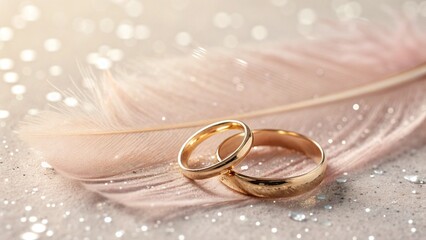 Photo of two golden wedding rings resting on a delicate pink feather, symbolizing love, commitment, and the beginning of a lifelong journey together in a romantic setting