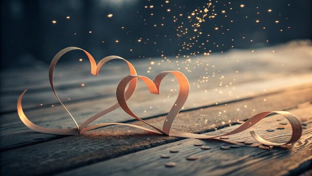 Photo of two paper hearts on a wooden surface, illuminated by a warm light, creating a romantic and magical atmosphere for valentines day or a special occasion