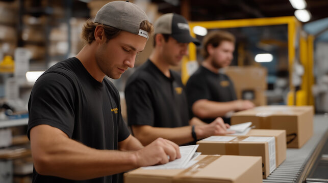 A packaging team assembling boxes and labeling shipments on long worktables, tape guns clicking in rhythm as the center prepares for holiday demand — peak-season logistics, high-volume fulfillment, - Powered by Adobe
