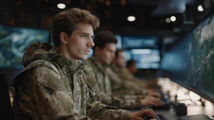 Cyber defense team monitoring real-time digital threats and intrusion attempts in a secure military hub with holographic data visualizations, representing military cybersecurity operations, AI