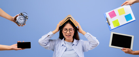 A young woman with glasses is experiencing stress as she juggles multiple responsibilities. She holds a book on her head and faces a clock, smartphone, and clipboard while dealing with deadlines.