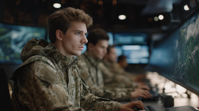 Cyber defense team monitoring real-time digital threats and intrusion attempts in a secure military hub with holographic data visualizations, representing military cybersecurity operations, AI