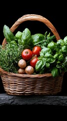 A rustic woven basket overflows with vibrant, fresh produce, featuring ripe red tomatoes, fragrant basil, leafy spinach, aromatic thyme, and earthy mushrooms.