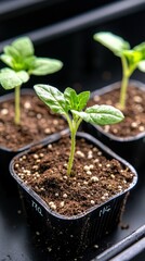 Close-up of three young green seedlings with delicate leaves emerging from the soil in individual black plastic pots.