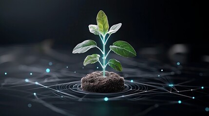 A young plant with green leaves sprouts from a mound of soil, surrounded by a digital network of lines and glowing blue dots on a dark background.