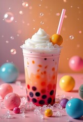 Exotic Colorful Tapioca Pearls in a Fun Dynamic Bubble Tea Playground Refreshing Sip Delight for the Senses