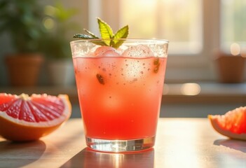Freshly Squeezed Grapefruit Juice Sunlit Clear Glass Morning Refreshener Burst
