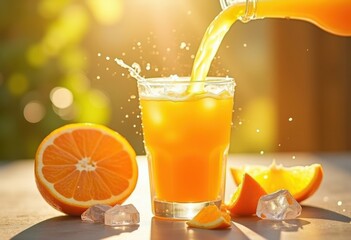 Freshly Squeezed Orange Juice Splash Crystal Glass Juice Pouring Refreshing Citrus Delight Bright and Vibrant