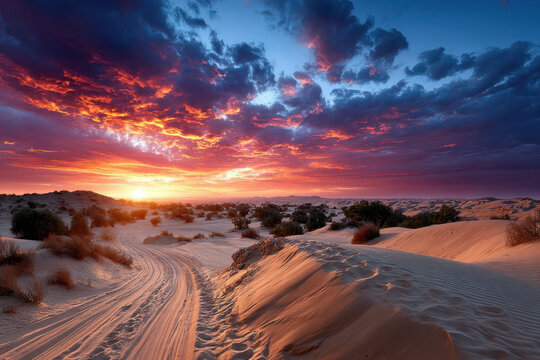 Desert Sunset with Tire Tracks and Sand Dunes