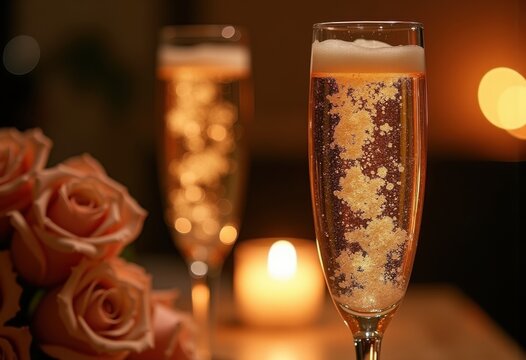 Elegant Champagne Flute Dancing with Rising Bubbles in Enchanting Romantic Setting