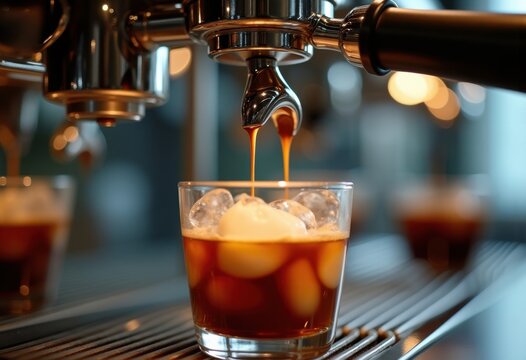 Espresso Extraction Machinery Action Shot Dramatic Pulling Process Dynamic Crema Formation