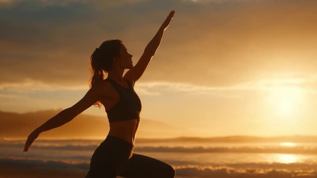 Serene Sunset Yoga: Silhouette of woman doing yoga on the beach as the sun sets over the ocean, exuding peace and harmony.