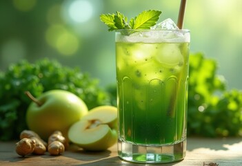 Fototapeta premium Kale Apple Ginger Juice Bright Burst Nutrient Rich Green Blend Uplifting Nutrition Potion