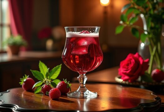 Exquisite Heartfelt Vibrancy of Deep Red Wine in Crystal Goblet Surrounded by Lush Decadent Foliage