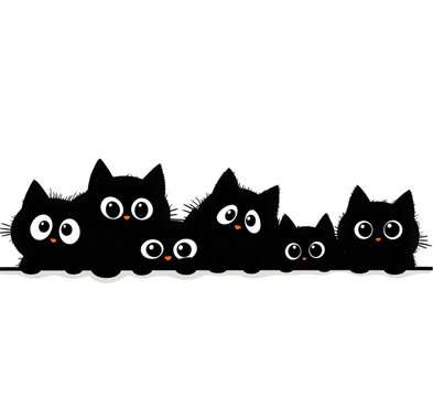 A curious family of funny black cats peeking together.