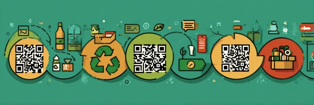 Colorful Digital Illustrations of QR Codes and Recycling Icons on Green Background Promoting Sustainable Practices and Innovative Technology Usage