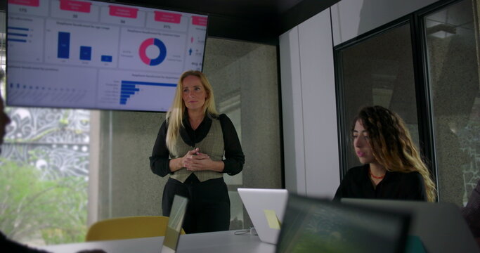 Blonde businesswoman pointing at chart on large screen while explaining data to coworkers in formal office setting with laptops on table - Powered by Adobe
