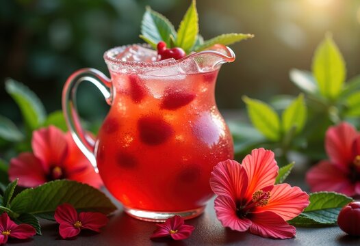 Hibiscus Flower Agua Fresca Refreshing Drink Brightened by Lush Tanqueray Greenery and Bold Floral Elements