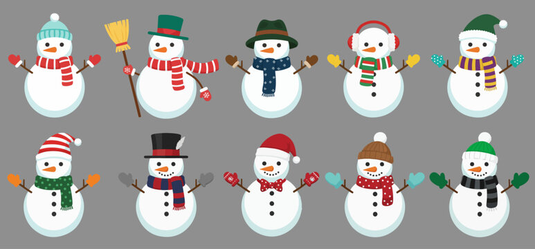 Snowman Character Set &ndash; 12 Flat Editable Winter Snowman Vector Illustrations, Perfect for Christmas stickers, gift wraps, posters, kids&rsquo; designs, social posts, product mockups, and festive merchandise