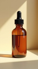 A close-up of a brown glass bottle with a black top, suitable for use in still life or product photography