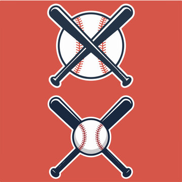 Baseball with crossed bats emblem, classic league team badge on red background, clean sports logo vector illustration for uniforms and merchandise