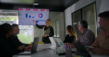 Blonde businesswoman pointing at chart on large screen while explaining data to coworkers in formal office setting with laptops on table