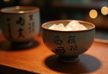Traditional Sake Artifact Resting on Wooden Dining Surface Celestial Ambiance Tranquil Moment