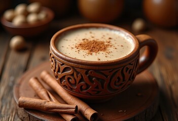 Traditional Mexican Horchata Rice Milk Drink Artistry in Rustic Setting Carved Wooden Cup with Cinnamon Background