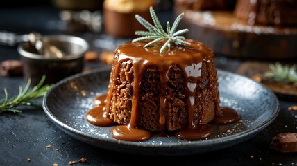 Rich sticky toffee pudding with flowing caramel sauce and rosemary garnish