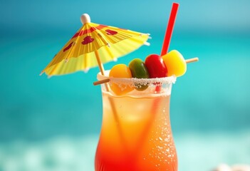 Tropical Island Oasis Colorful Cocktail Art with Umbrella and Umbrella Skewer Decorations